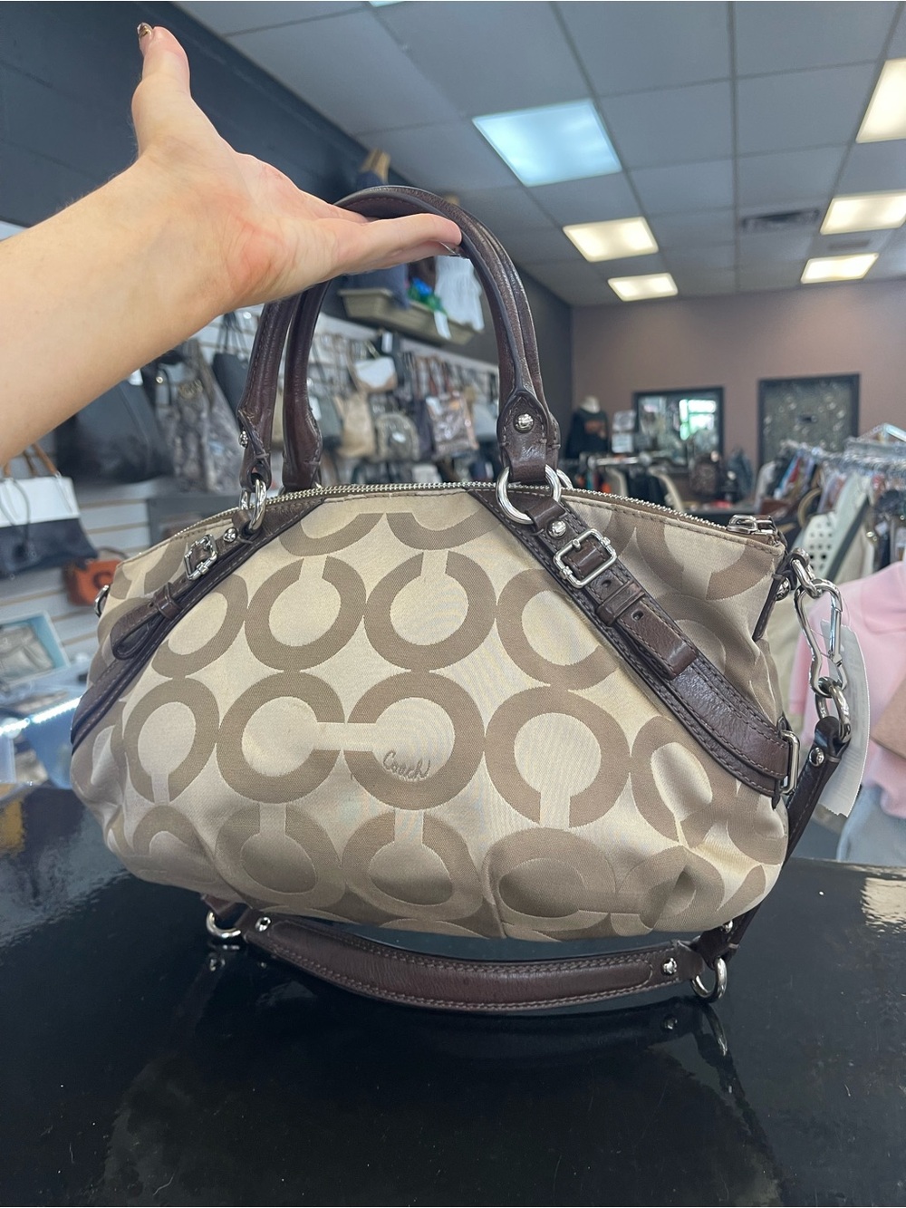 Coach Beige Signature Canvas Satchel with Brown Leather Trim - Picture 4 of 9